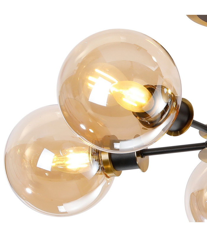 Placid 52cm Semi Ceiling 5 Light E14 15cm Round Glass Shade Brass Amber Plated & Satin Black-6