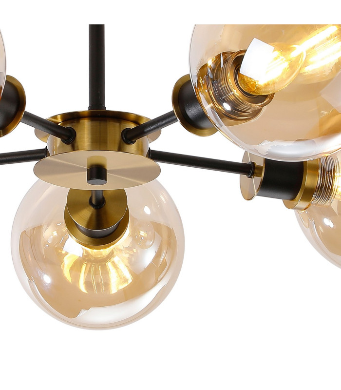 Placid 52cm Semi Ceiling 5 Light E14 15cm Round Glass Shade Brass Amber Plated & Satin Black-7