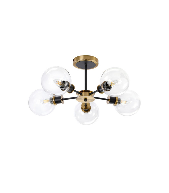 Placid 52cm Semi Ceiling 5 Light E14 15cm Round Glass Shade Brass Clear & Satin Black-4