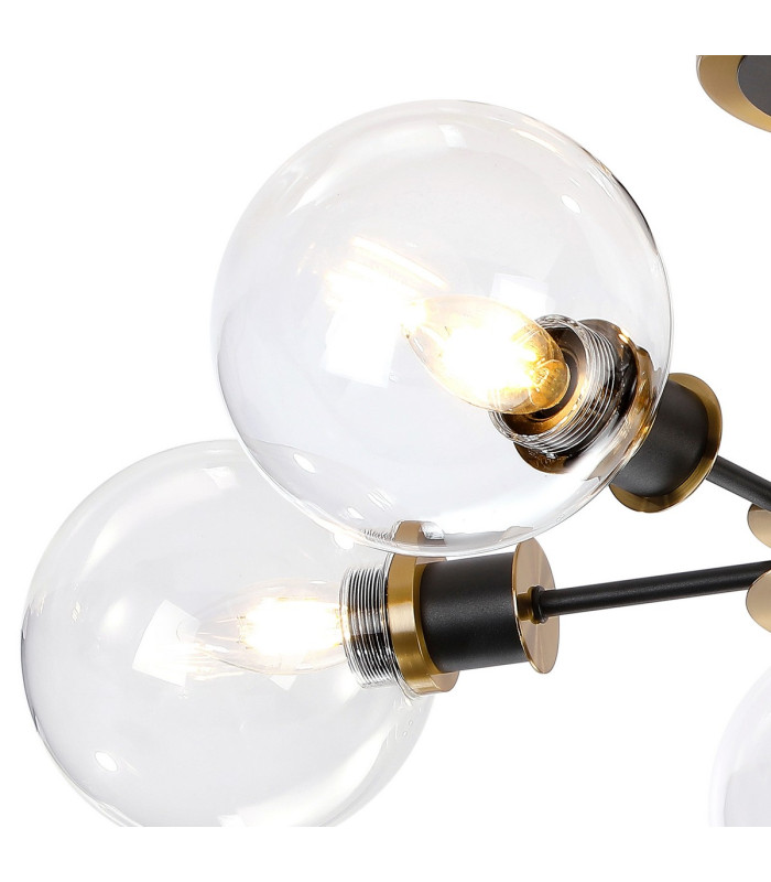 Placid 52cm Semi Ceiling 5 Light E14 15cm Round Glass Shade Brass Clear & Satin Black-6