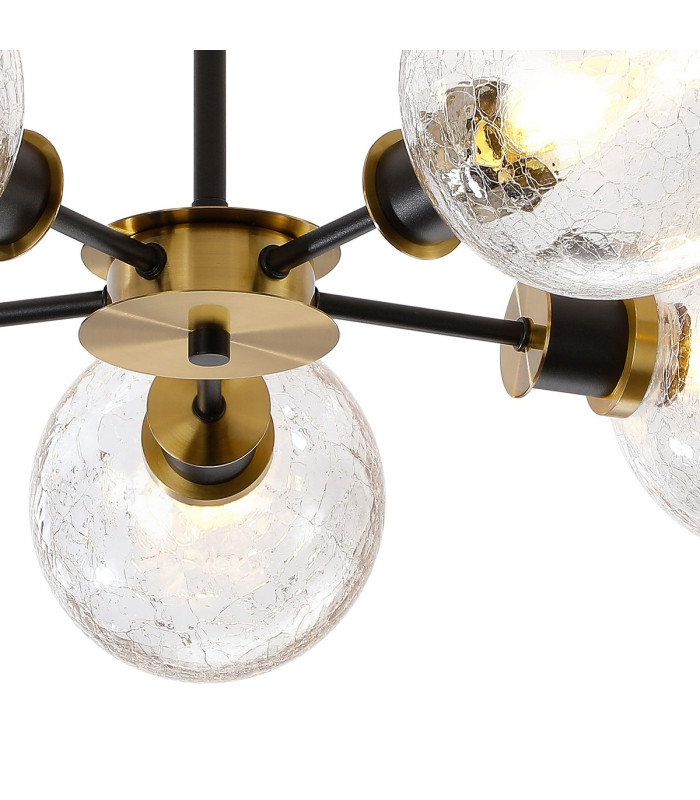 Placid 52cm Semi Ceiling 5 Light E14 15cm Round Crackled Glass Shade Brass Clear & Satin Black-7