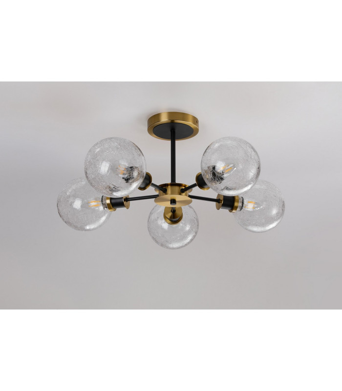 Placid 52cm Semi Ceiling 5 Light E14 15cm Round Crackled Glass Shade Brass Clear & Satin Black-8