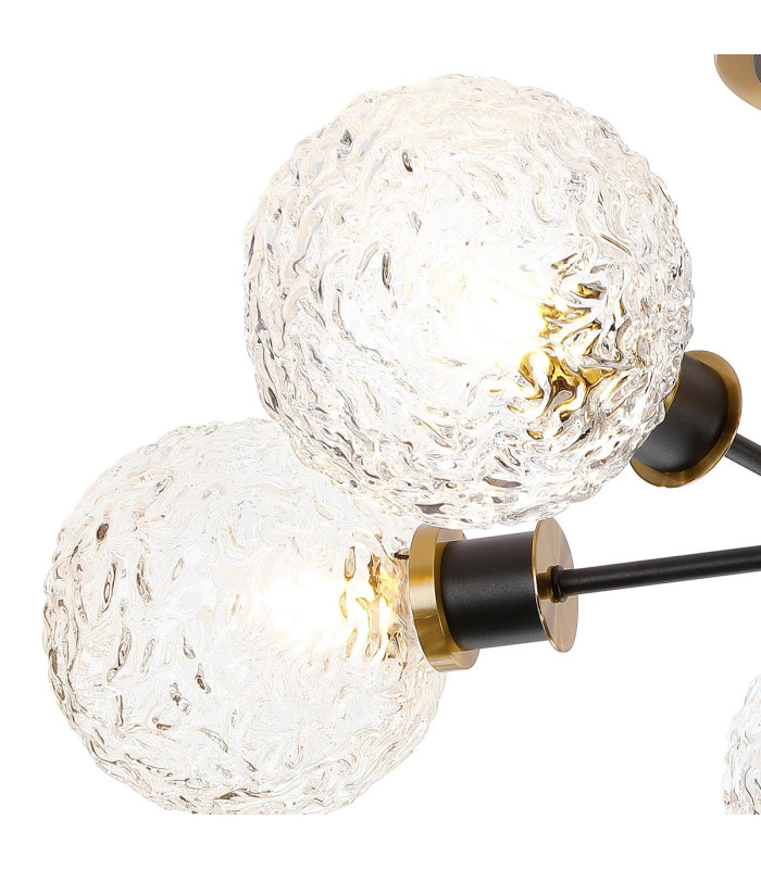 Placid 52cm Semi Ceiling 5 Light E14 15cm Round Textured Crumple Glass Shade Brass Clear & Satin Black-5