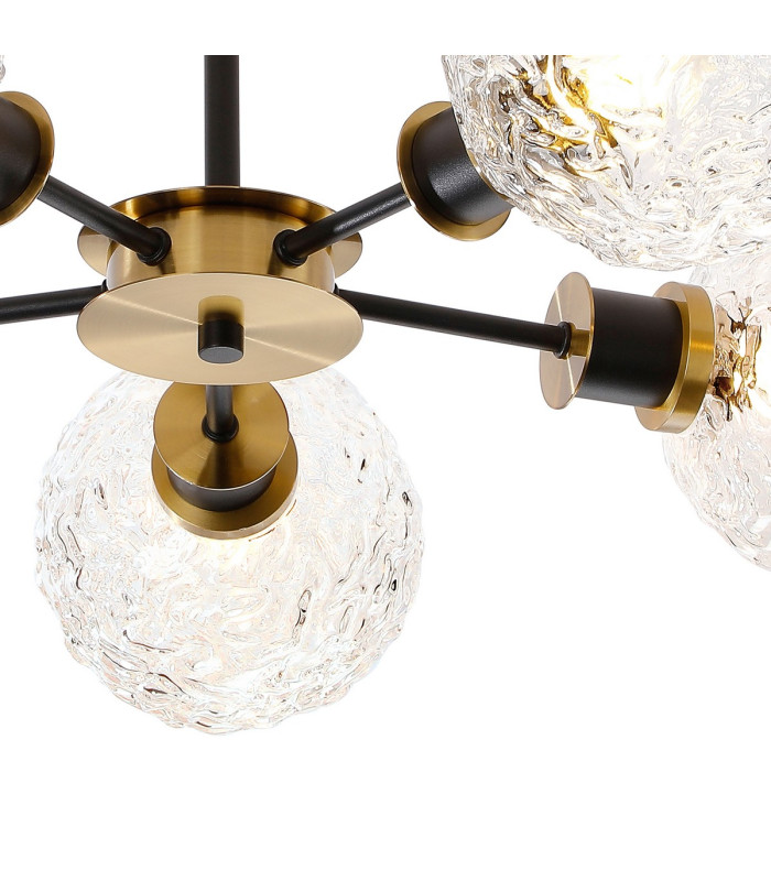 Placid 52cm Semi Ceiling 5 Light E14 15cm Round Textured Crumple Glass Shade Brass Clear & Satin Black-6