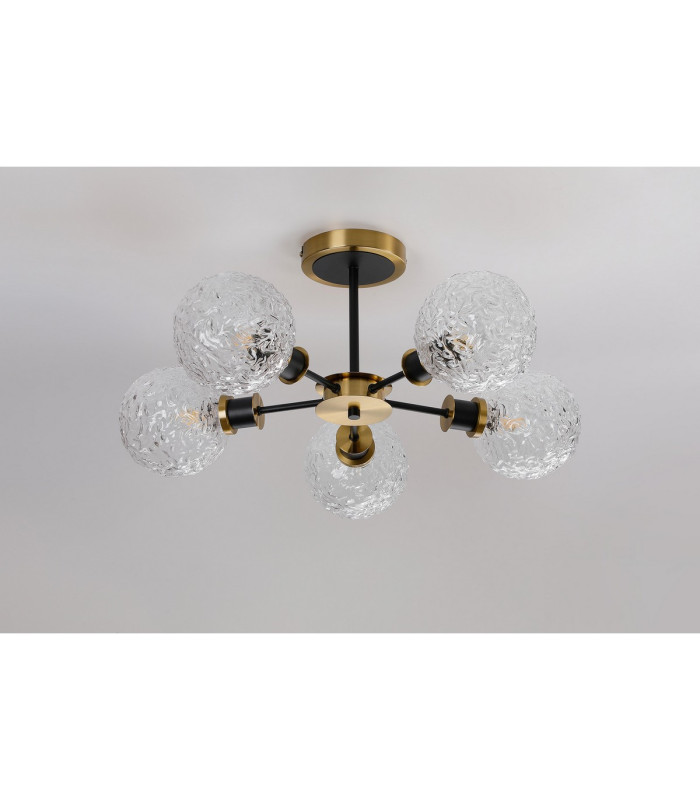 Placid 52cm Semi Ceiling 5 Light E14 15cm Round Textured Crumple Glass Shade Brass Clear & Satin Black-7