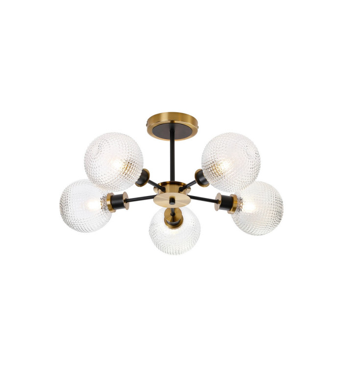 Placid 52cm Semi Ceiling 5 Light E14 15cm Round Textured Diamond Pattern Glass Shade Brass Clear & Satin Black-1