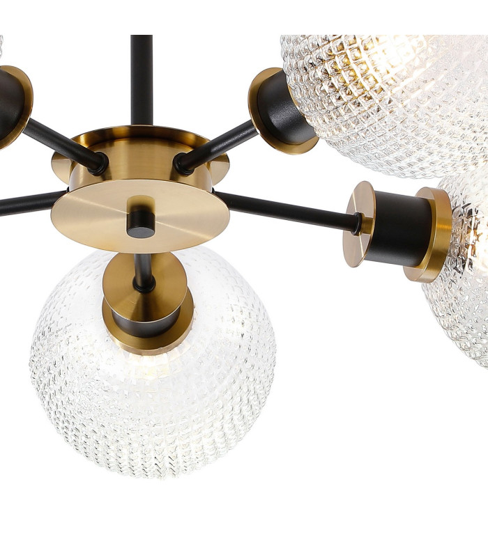 Placid 52cm Semi Ceiling 5 Light E14 15cm Round Textured Diamond Pattern Glass Shade Brass Clear & Satin Black-6