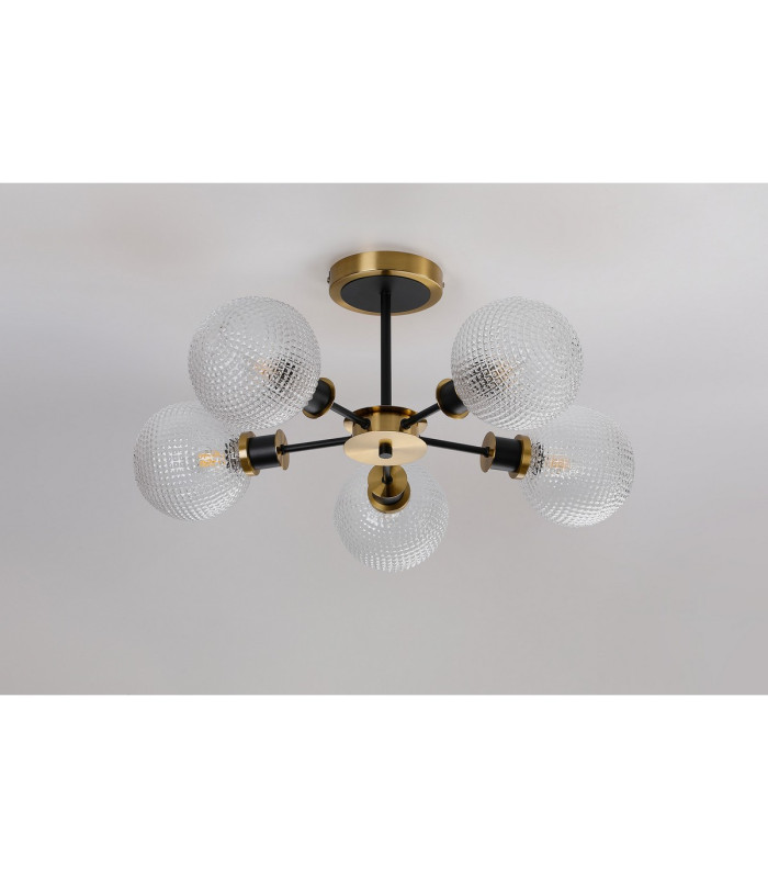 Placid 52cm Semi Ceiling 5 Light E14 15cm Round Textured Diamond Pattern Glass Shade Brass Clear & Satin Black-7