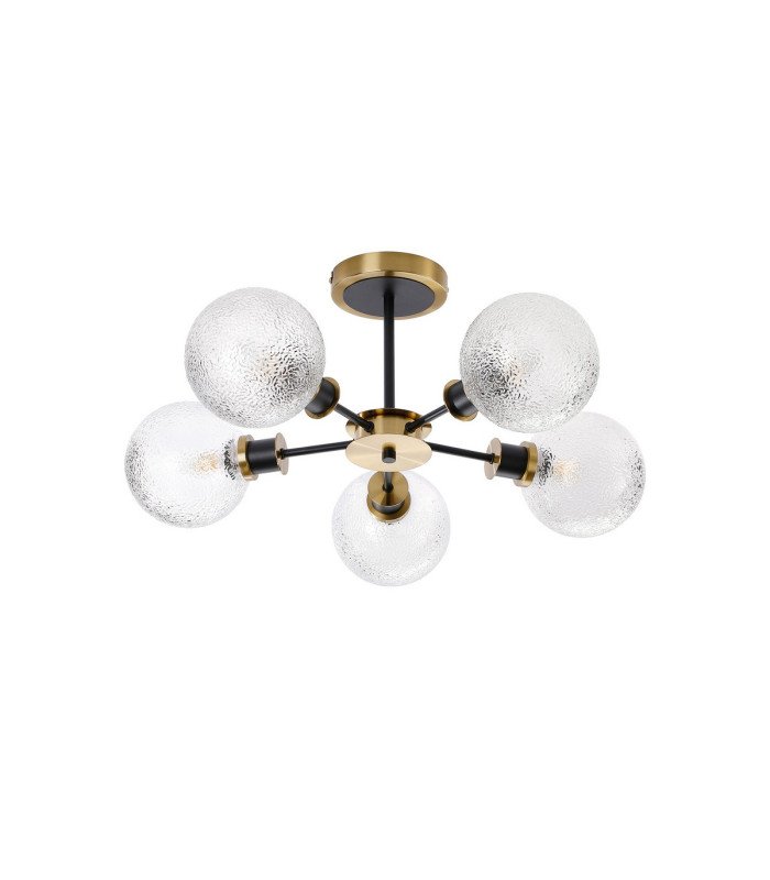 Placid 52cm Semi Ceiling 5 Light E14 15cm Round Dimpled Glass Shade Brass Clear & Satin Black-4