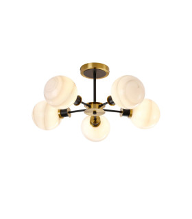 Placid 52cm Semi Ceiling 5 Light E14 15cm Round White & Grey Marble Effect Glass Shade Brass & Satin Black Framework-1