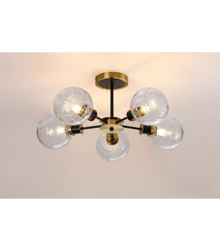 Placid 52cm Semi Ceiling 5 Light E14 15cm Round Textured Melting Glass Shade Brass Clear & Satin Black-3
