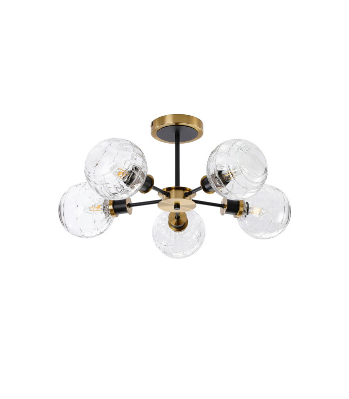 Placid 52cm Semi Ceiling 5 Light E14 15cm Round Textured Melting Glass Shade Brass Clear & Satin Black-4