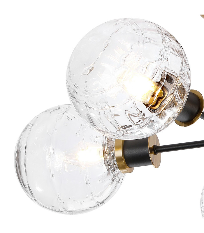 Placid 52cm Semi Ceiling 5 Light E14 15cm Round Textured Melting Glass Shade Brass Clear & Satin Black-6