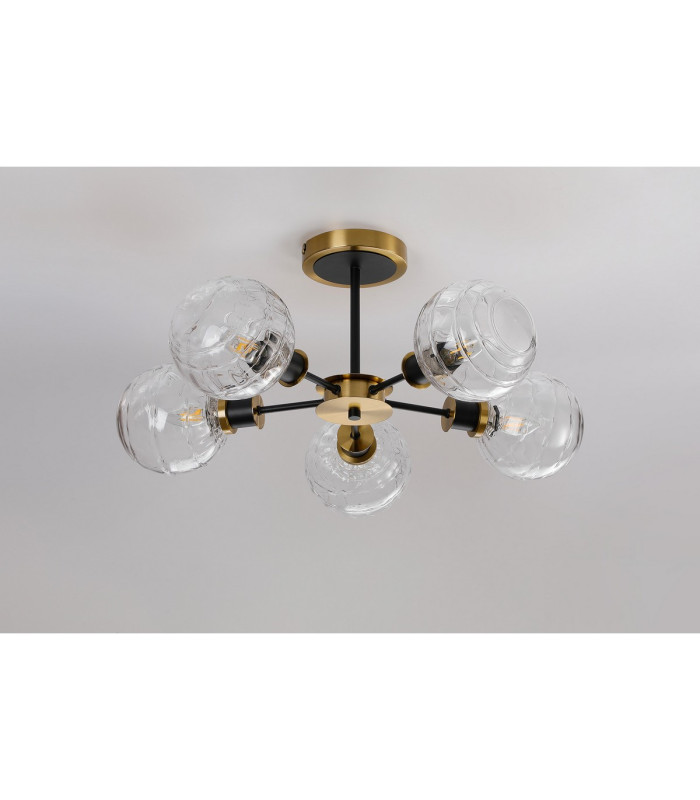 Placid 52cm Semi Ceiling 5 Light E14 15cm Round Textured Melting Glass Shade Brass Clear & Satin Black-8