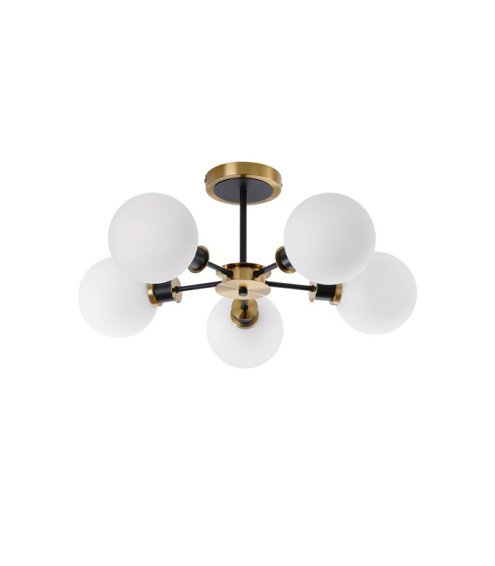 Placid 52cm Semi Ceiling 5 Light E14 15cm Round Glass Shade Brass Opal & Satin Black-4