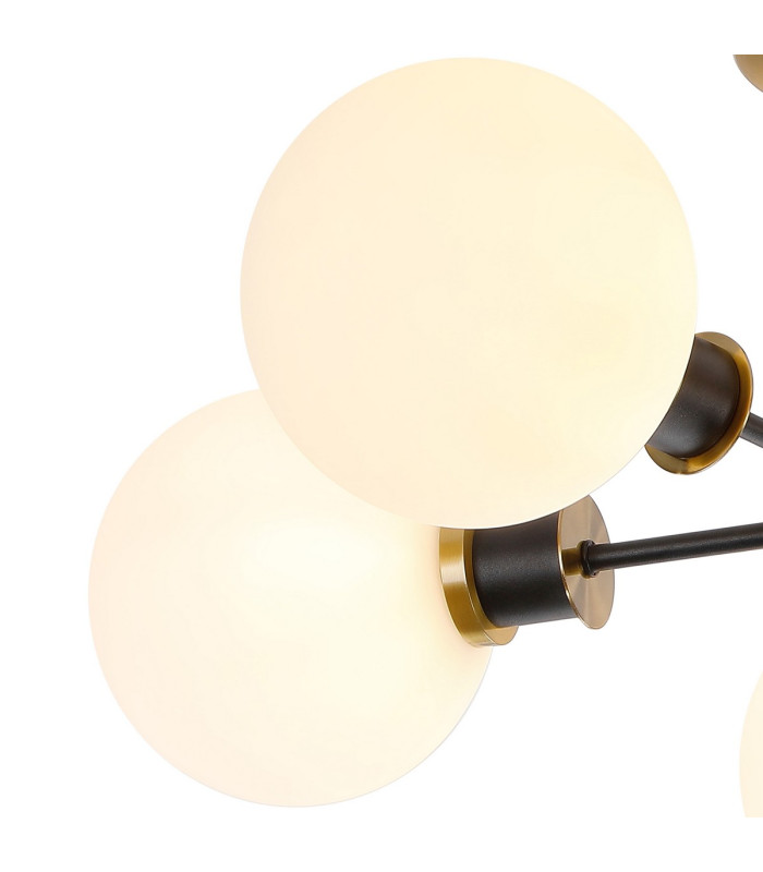 Placid 52cm Semi Ceiling 5 Light E14 15cm Round Glass Shade Brass Opal & Satin Black-6