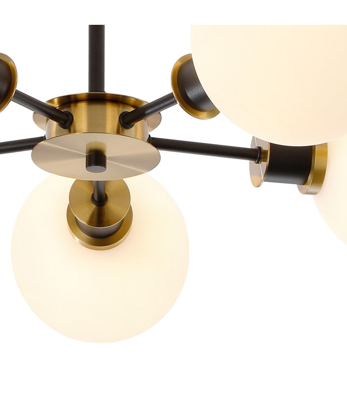 Placid 52cm Semi Ceiling 5 Light E14 15cm Round Glass Shade Brass Opal & Satin Black-7