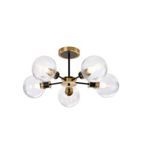Placid 52cm Semi Ceiling 5 Light E14 15cm Round Ribbed Glass Shade Brass Clear & Satin Black-1