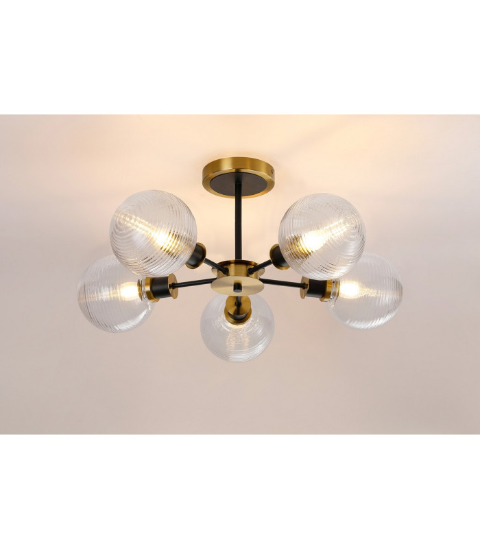 Placid 52cm Semi Ceiling 5 Light E14 15cm Round Ribbed Glass Shade Brass Clear & Satin Black-3