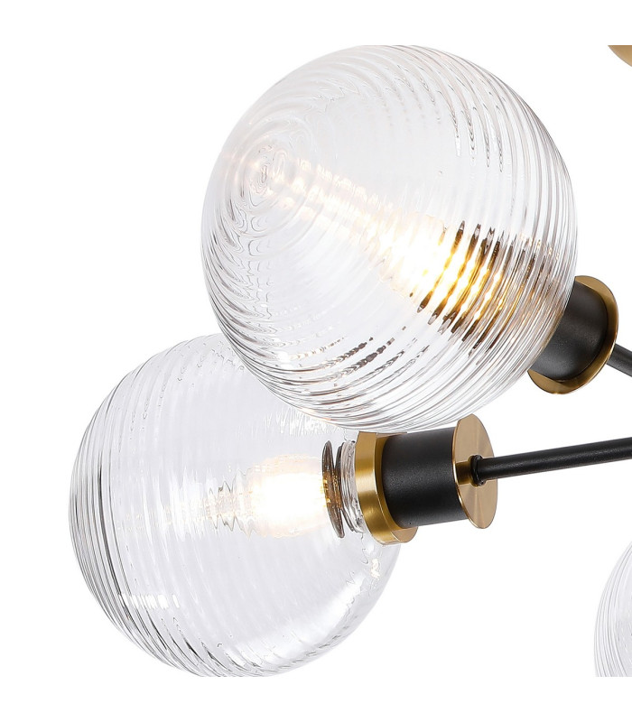 Placid 52cm Semi Ceiling 5 Light E14 15cm Round Ribbed Glass Shade Brass Clear & Satin Black-6