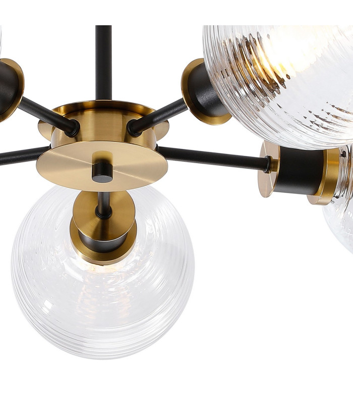 Placid 52cm Semi Ceiling 5 Light E14 15cm Round Ribbed Glass Shade Brass Clear & Satin Black-7