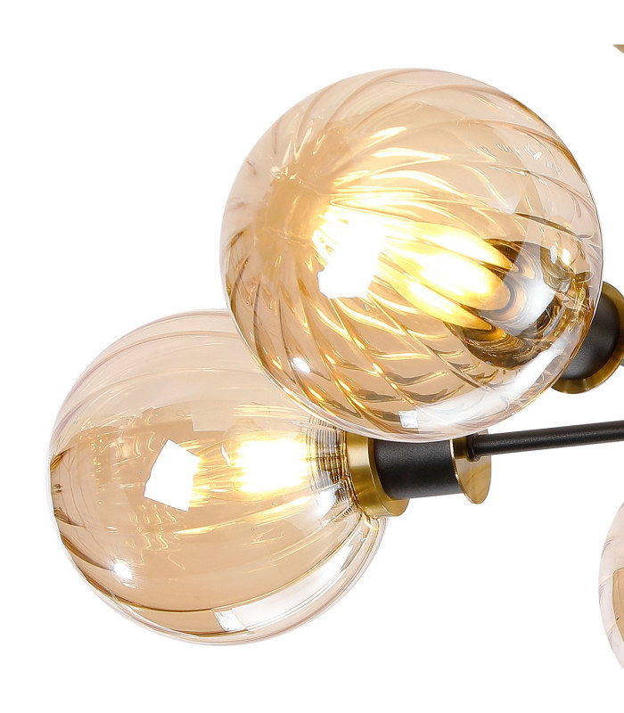 Placid 52cm Semi Ceiling 5 Light E14 15cm Round Segment Glass Shade Brass Amber Plated & Satin Black-6