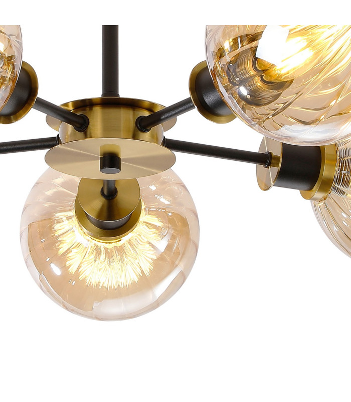 Placid 52cm Semi Ceiling 5 Light E14 15cm Round Segment Glass Shade Brass Amber Plated & Satin Black-7