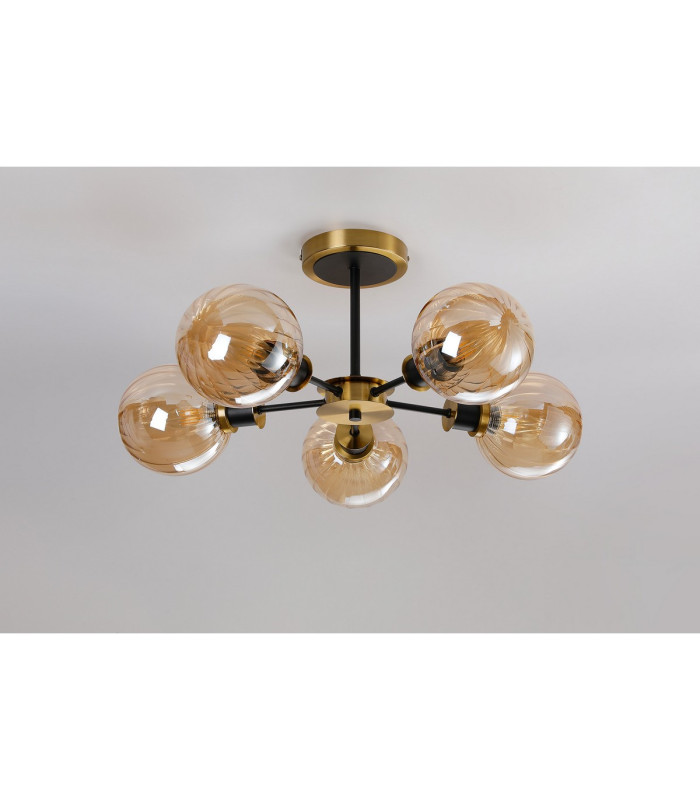 Placid 52cm Semi Ceiling 5 Light E14 15cm Round Segment Glass Shade Brass Amber Plated & Satin Black-8
