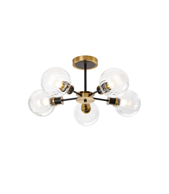Placid 52cm Semi Ceiling 5 Light E14 15cm Round Segment Glass Shade Brass Clear & Satin Black-1