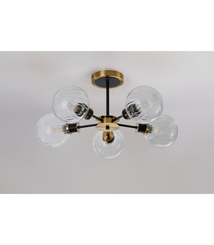 Placid 52cm Semi Ceiling 5 Light E14 15cm Round Segment Glass Shade Brass Clear & Satin Black-8