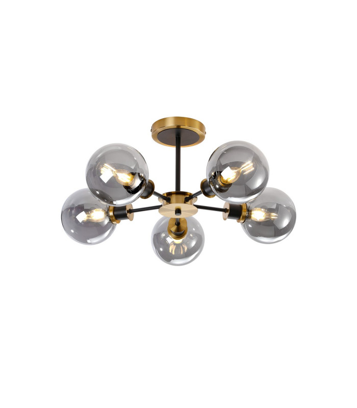 Placid 52cm Semi Ceiling 5 Light E14 15cm Round Glass Shade Brass Smoke Plated & Satin Black-1