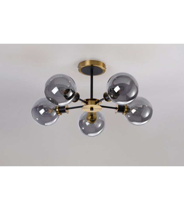 Placid 52cm Semi Ceiling 5 Light E14 15cm Round Glass Shade Brass Smoke Plated & Satin Black-8