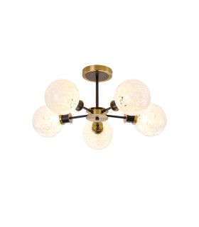 Placid 52cm Semi Ceiling 5 Light E14 15cm Round Speckled Glass Shade Brass White & Satin Black-1