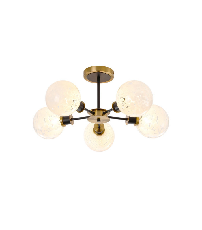 Placid 52cm Semi Ceiling 5 Light E14 15cm Round Speckled Glass Shade Brass White & Satin Black-1