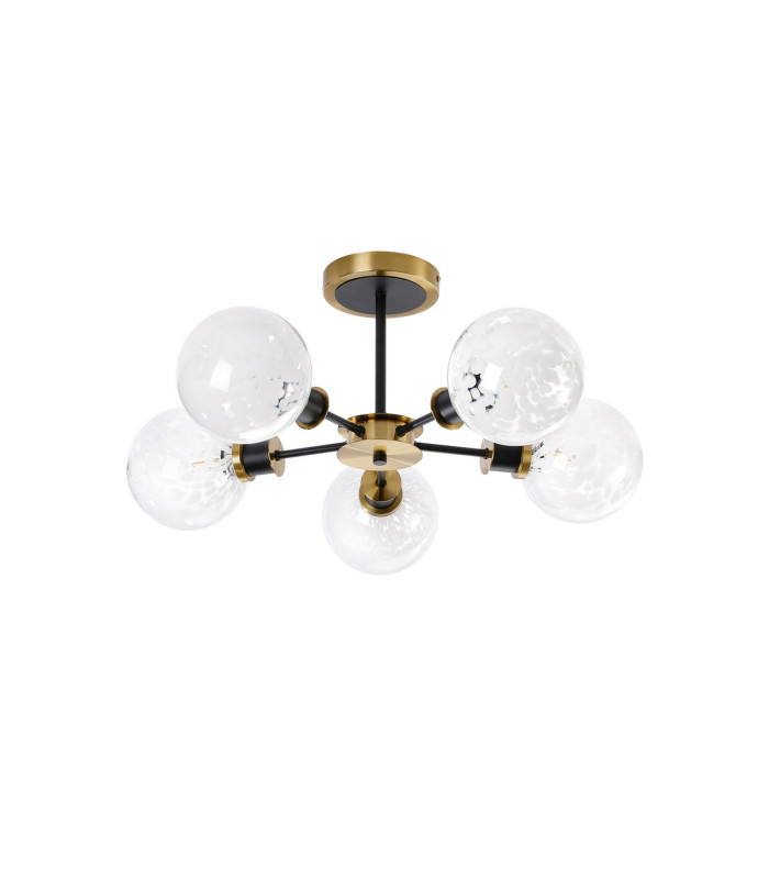Placid 52cm Semi Ceiling 5 Light E14 15cm Round Speckled Glass Shade Brass White & Satin Black-4