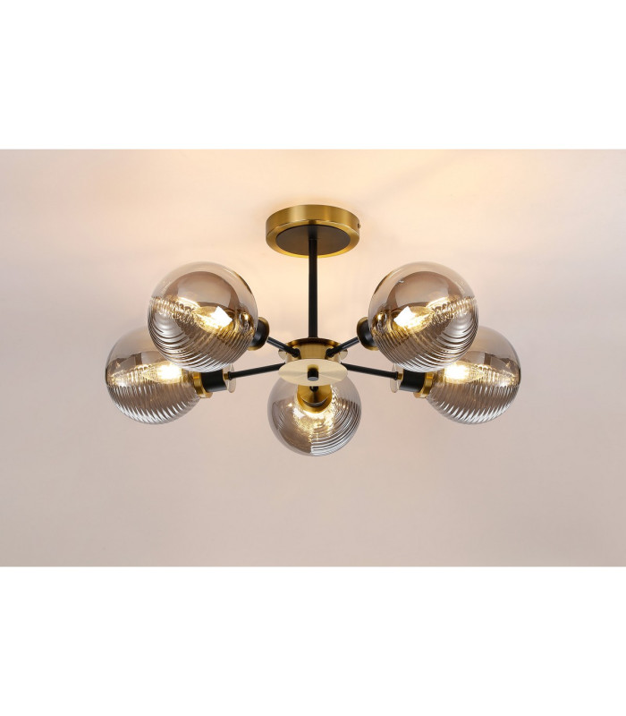Placid 52cm Semi Ceiling 5 Light E14 15cm Round Textured Smooth / Ribbed Glass Shade Brass Smoke Plated & Satin Black-3