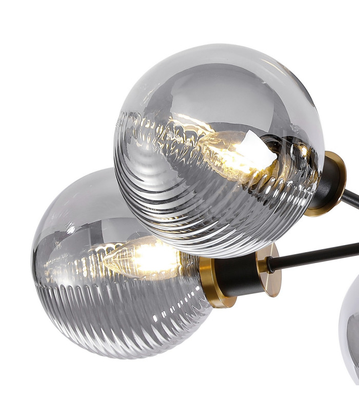 Placid 52cm Semi Ceiling 5 Light E14 15cm Round Textured Smooth / Ribbed Glass Shade Brass Smoke Plated & Satin Black-6
