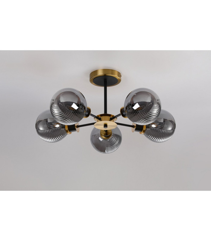 Placid 52cm Semi Ceiling 5 Light E14 15cm Round Textured Smooth / Ribbed Glass Shade Brass Smoke Plated & Satin Black-8