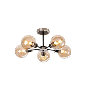 Placid 52cm Semi Ceiling 5 Light E14 15cm Round Glass Shade Satin Nickel Amber Plated & Satin Black-1