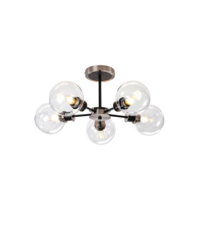 Placid 52cm Semi Ceiling 5 Light E14 15cm Round Glass Shade Satin Nickel Clear & Satin Black-1