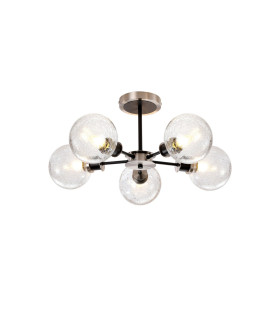 Placid 52cm Semi Ceiling 5 Light E14 15cm Round Crackled Glass Shade Satin Nickel Clear & Satin Black-1
