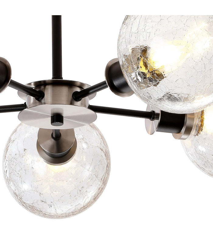 Placid 52cm Semi Ceiling 5 Light E14 15cm Round Crackled Glass Shade Satin Nickel Clear & Satin Black-7