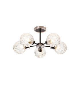 Placid 52cm Semi Ceiling 5 Light E14 15cm Round Textured Crumple Glass Shade Satin Nickel Clear & Satin Black-1