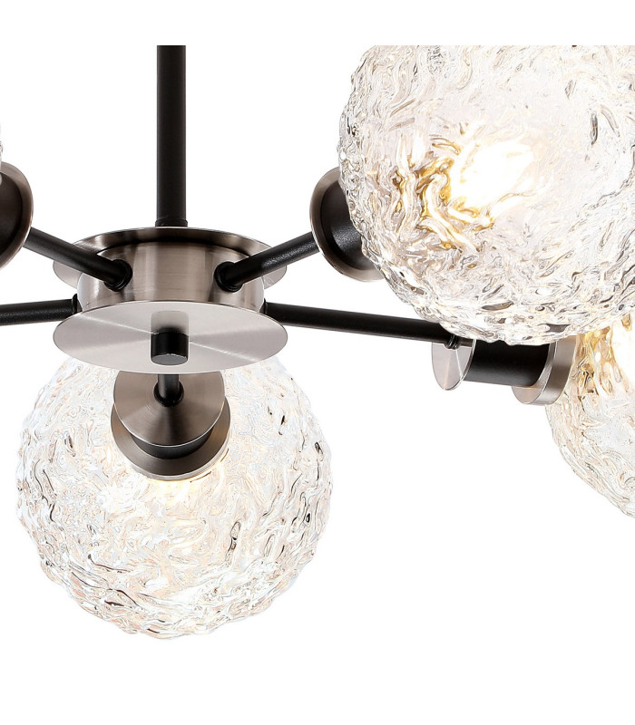Placid 52cm Semi Ceiling 5 Light E14 15cm Round Textured Crumple Glass Shade Satin Nickel Clear & Satin Black-7