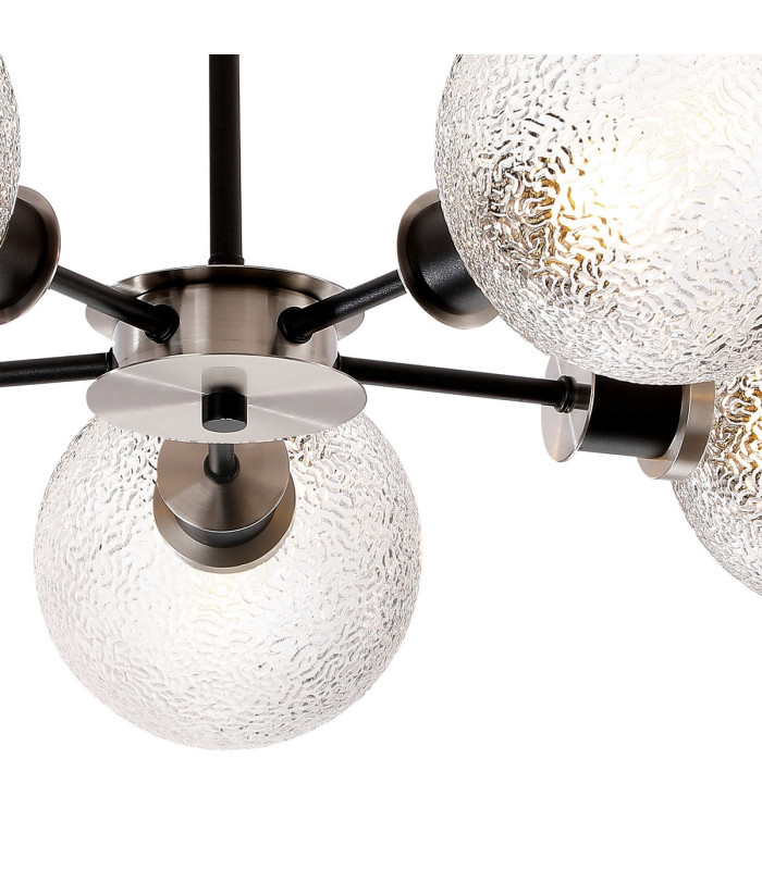 Placid 52cm Semi Ceiling 5 Light E14 15cm Round Dimpled Glass Shade Satin Nickel Clear & Satin Black-7