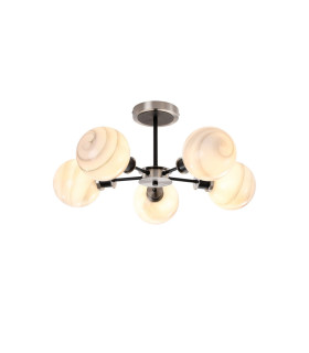Placid 52cm Semi Ceiling 5x E14 15cm Round White & Grey Marble Effect Glass Shade Satin Nickel & Satin Black Framework-1