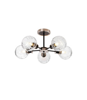 Placid 52cm Semi Ceiling 5 Light E14 15cm Round Textured Melting Glass Shade Satin Nickel Clear & Satin Black-1
