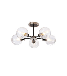 Placid 52cm Semi Ceiling 5 Light E14 15cm Round Ribbed Glass Shade Satin Nickel Clear & Satin Black-1