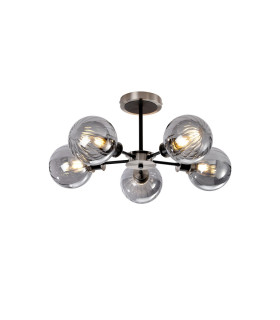 Placid 52cm Semi Ceiling 5 Light E14 15cm Round Segment Glass Shade Satin Nickel Smoke Plated & Satin Black-1