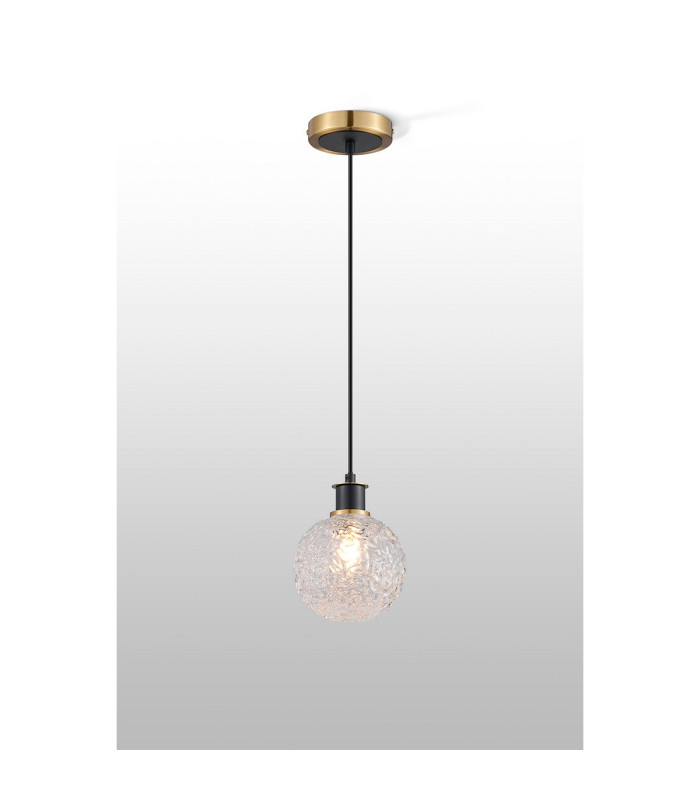 Placid 1.3m Pendant 1 Light E14 15cm Round Textured Crumple Glass Shade Brass Clear & Satin Black-3